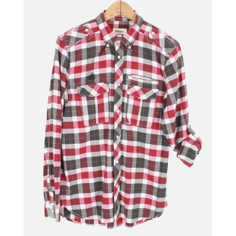 Diesel Flannel Plaid Shirt Mens Small Red Gray Long‎ roll tab sleeve Button Up